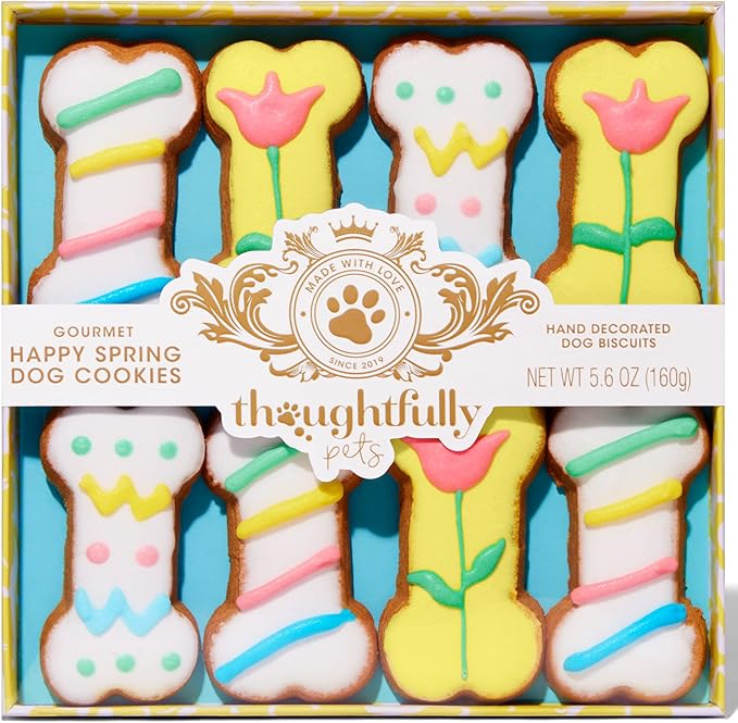 Thoughtfully Pets, Gourmet Dog Cookie Gift Set, Peanut Butter Flavored Crunchy Dog Treats in Bone Shape with Easter Spring Designs, Set of 8