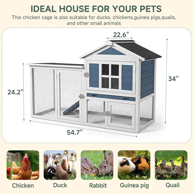 Large Outdoor Rabbit Hutch with Waterproof Asphalt Roof, 54.7” x 24.2” x 34” Wooden Bunny Cage for 2 Rabbits, Guinea Pigs & Chickens, Easy-Clean Pull-Out Tray & Anti-Rust Metal Door