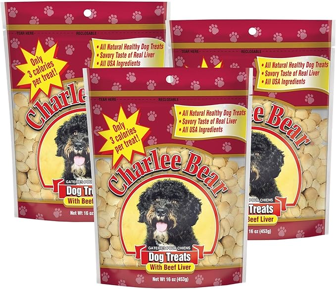 Charlee Bear Original Crunch Dog Training Treats, Beef Liver Flavor, 3 Calories Each, Low Calorie Natural Rewards for Puppies to Adult Dogs, Made in USA, 16 oz (3-Pack)