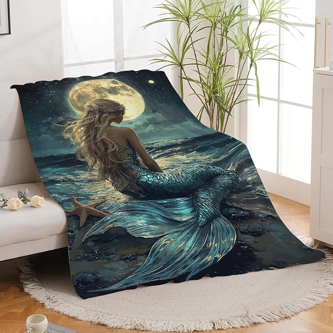 Mermaid Throw Blanket Beach Moon Night Mermaid Stuff Gifts for Kids Girls Boys Adults Women Men Soft Cozy Warm Plush Fluffy Fuzzy Fleece Blanket Decor 50''X60''