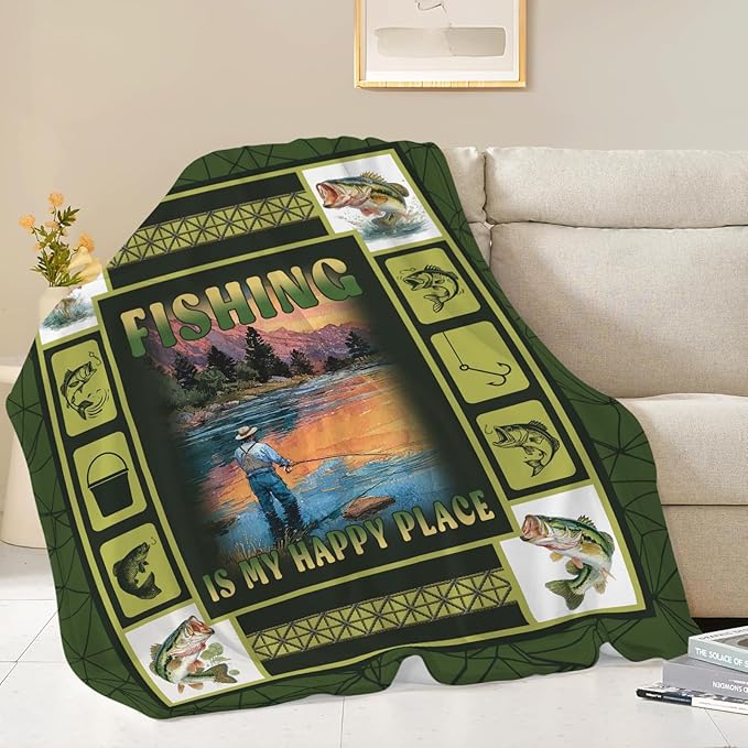 Fish Throw Blanket Fishing Stuff Gifts for Kids Girls Boys Adults Women Men Soft Cozy Warm Plush Fluffy Fuzzy Fleece Blanket Decor 40''X50''