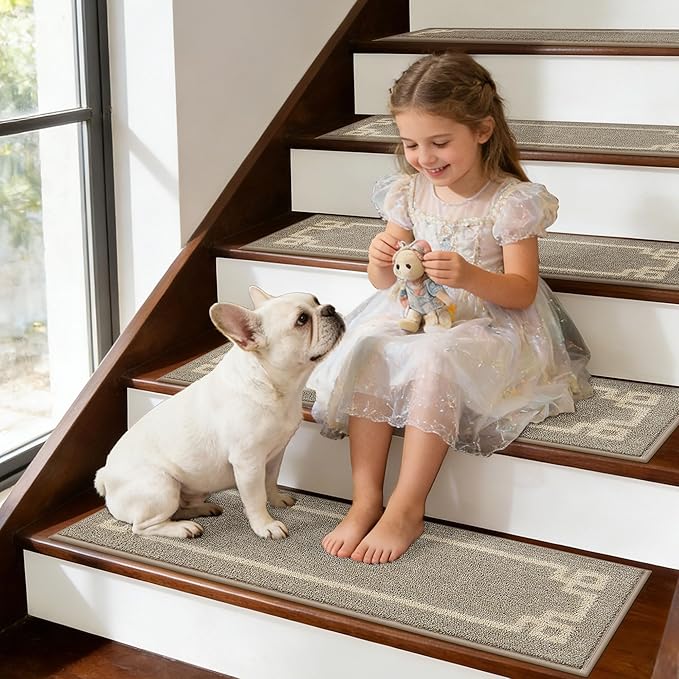 BEQHAUSE Stair Treads for Wooden Steps Non Slip Washable Carpet Stair Treads with Reusable Residue Free Backing Soft Polyester Stair Rugs Indoor for Kids Elders and Dogs, 15pcs,Taupe