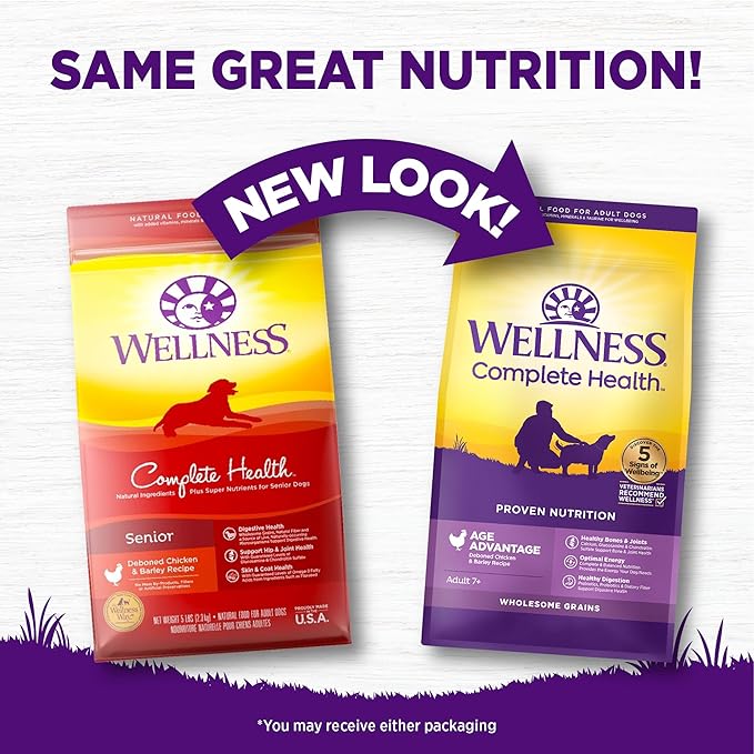 Wellness Complete Health Senior Dry Dog Food, Wholesome Grains, Natural, Age Advantage Chicken & Barley Recipe, (26-Pound Bag)