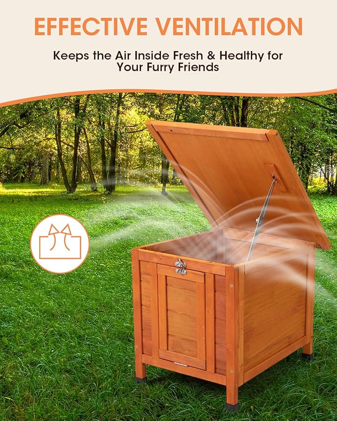 SANDINRAYLI Outdoor Cat House Weatherproof, Wooden Rabbit Hutch Bunny Cage Chicken Coops Shelter with Elevated Floor for Feral Cat/Bunny/Guinea Pig/Duck, Orange