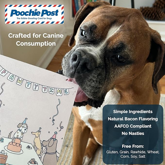 Poochie Post Edible Birthday Greeting Card for Dogs, Bacon-Flavored Dog Treat Birthday Gift with Edible Ink Pen, "Pawty Time" Design, Gluten & Grain Free, Made in USA