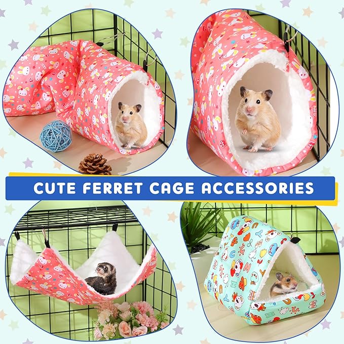 Abbylike 9 Pieces Rat Guinea Pig Hanging Hammock Ferret Cage Accessories Small Pet Hideout Tunnel Cave Hanging Hammock Hamster Toy Accessories for Ferret Hamster Chinchilla(Rabbit)
