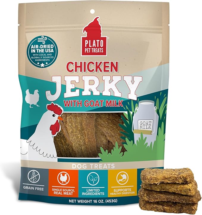 Plato Pet Treats Jerky Dog Treats - Air-Dried Jerky for Dogs - Delicious, Real Meat Dog Treats - Grain Free - Supports Healthy Digestion - Chicken Jerky with Goat Milk 16oz