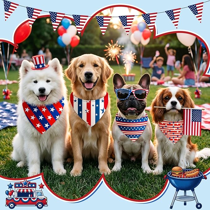 Shyyween 100 Pcs 4th of July Dog Bandanas Bulk for Patriotic American Striped Star Red White and Blue Independence Day Flag Scarf for Small Medium Large Outfit(Striped Star, 25.6 x 17.7 x 17.7 Inch)