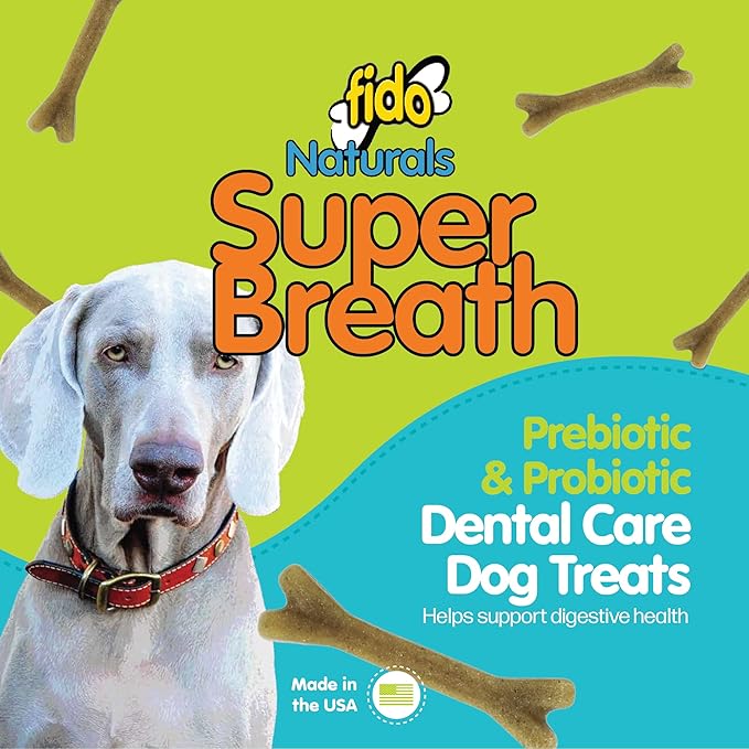 Fido - Super Breath Dental Care Bones for Dogs - 8 Count Medium Dog Dental Treats for Medium Dogs (Made in USA) - Tasty Dog Dental Chews Help Reduce Plaque, Tartar Buildup, and Freshens Breath