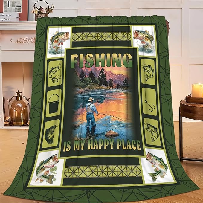 Fish Throw Blanket Fishing Stuff Gifts for Kids Girls Boys Adults Women Men Soft Cozy Warm Plush Fluffy Fuzzy Fleece Blanket Decor 40''X50''
