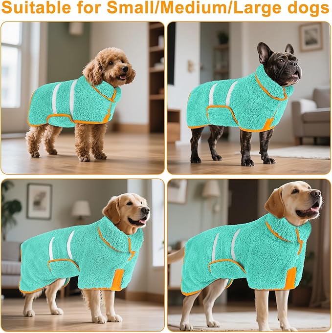 Bienbee Dog Bathrobe, Quick Drying Super Absorbent Dog Robes for After Bath, Warm Keeping Dogs Towel, Dogs Bath Supplies, Lake Green L