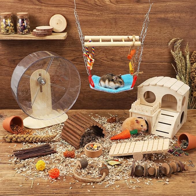 11 Pcs Hamster Cage Accessories Set, Bridge, Exercise Wheel, Swing, Chew Toys & More, Natural Wood Hamster Play Set for Dwarf Hamsters, Mice Small Animals Habitat(Wooden Hawaii House)
