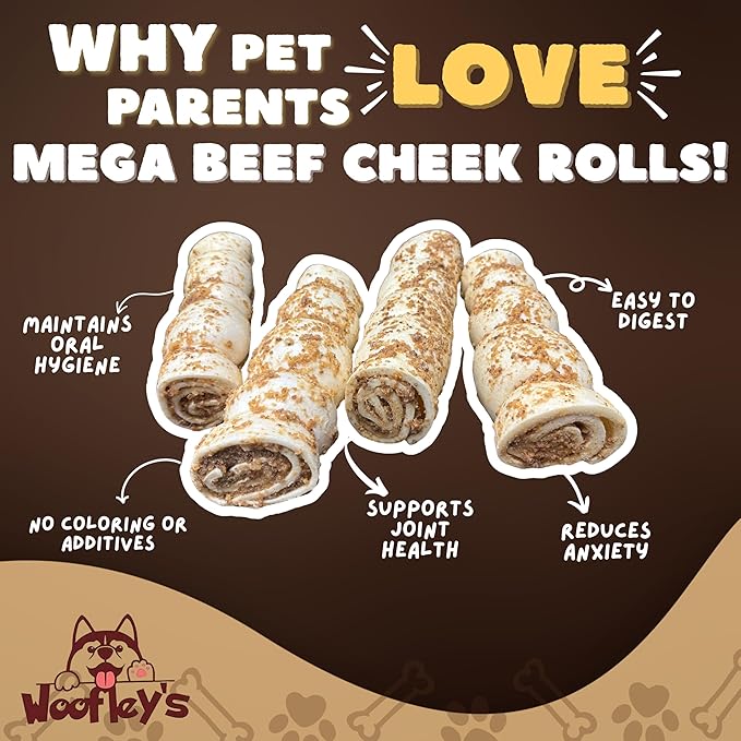 Woofley's 10-12" Bully Dusted Beef Cheek Roll - (5 Count)- Beef Cheek Rolls for Dogs - Long Lasting Natural Dog Chews