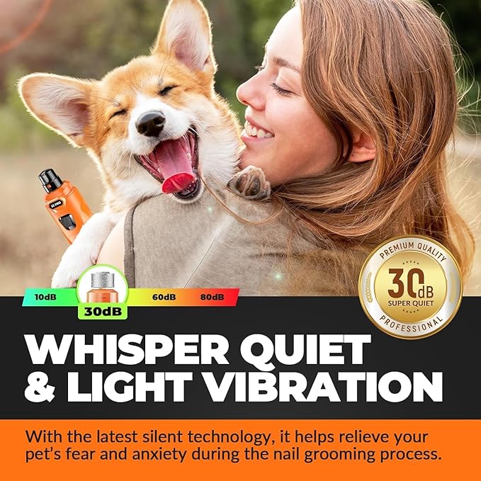 Whisper Quiet Dog Nail Grinder with LED Light, Safe & Stress-Free for Sensitive Dogs of All Breeds & Sizes, 3 Grinding Bits, 3-Speed, Pet Nail Trimmers, Rechargeable Painless Grooming Kit Orange