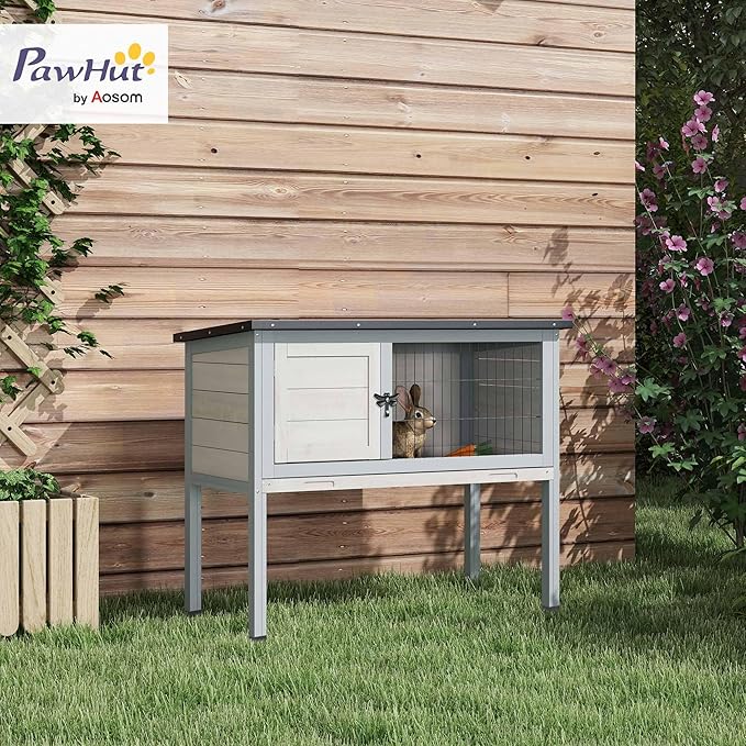 PawHut Elevated Wooden Rabbit Hutch, Indoor/Outdoor Bunny Cage with Hinged Asphalt Roof and Removable Tray for Guinea Pig, Light Gray