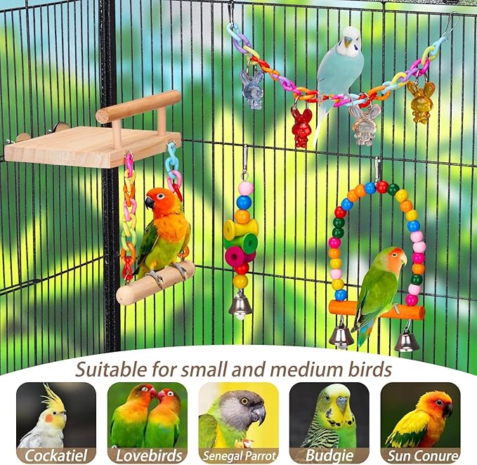 FrgKbTm 11Pcs Bird Platform Stands Swing Hanging Chewing Toy Parrot Climbing Ladder Colorful Bird Cage Toys for Parakeet, Conure, Cockatiel, Love Birds, Finches