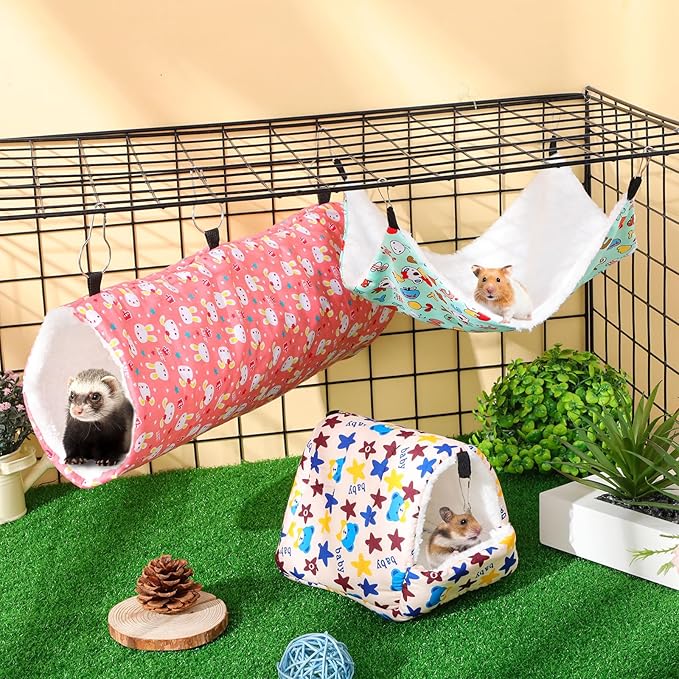Abbylike 9 Pieces Rat Guinea Pig Hanging Hammock Ferret Cage Accessories Small Pet Hideout Tunnel Cave Hanging Hammock Hamster Toy Accessories for Ferret Hamster Chinchilla(Rabbit)