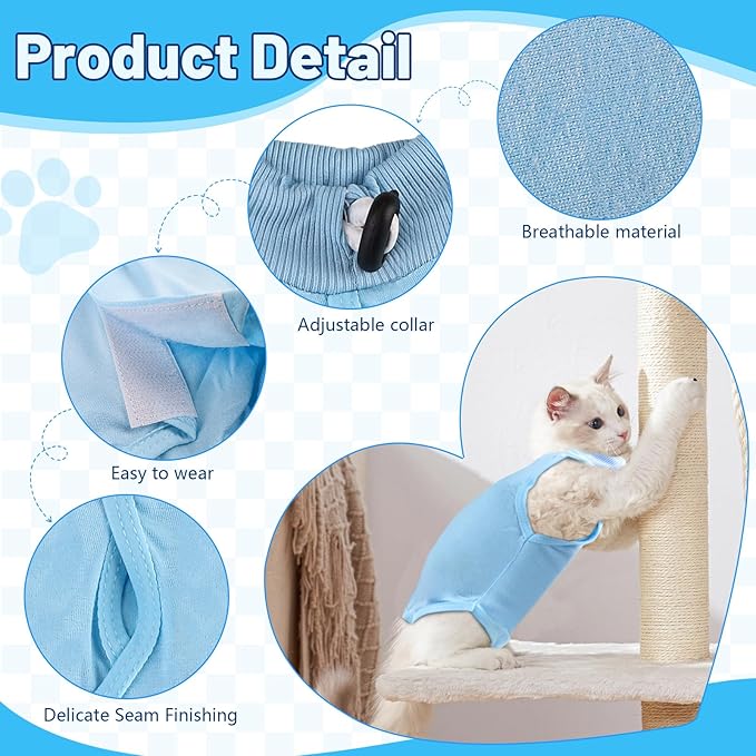 2PCS Blue Breathable Modal Cotton Cat Surgery Recovery Suit - Size M (Fits 4-8Kg), Elastic Lick-Proof Female Cat Onesie with Adjustable Collar, Pet Care for Spay Recovery & Weaning (M)