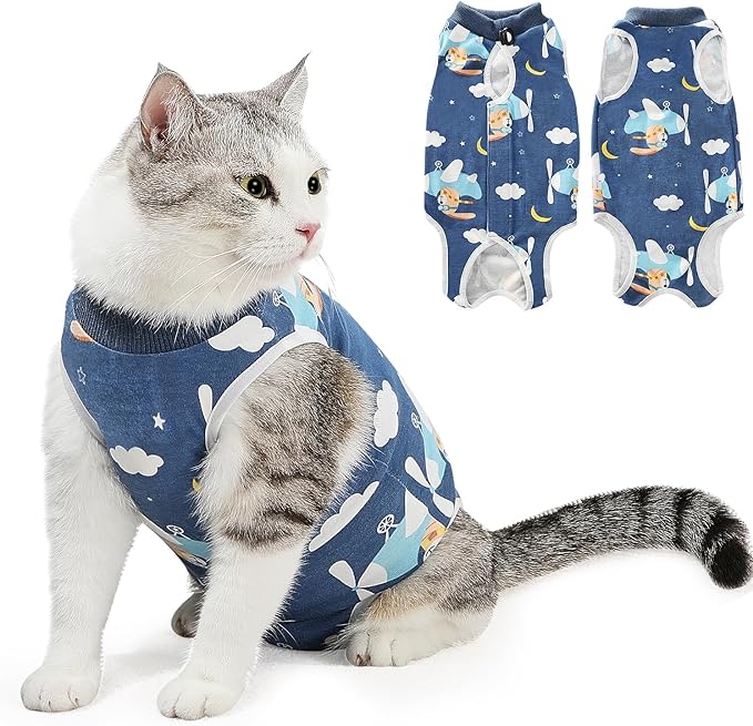 SlowTon Cat Recovery Suit - Cat Onesie for Cats After Surgery Female Male, Kitten Clothes Cats Surgical Spay Suit Abdominal Wounds, E-Collar Alternative Bodysuit Shirt Anti-Licking (Navy, M)