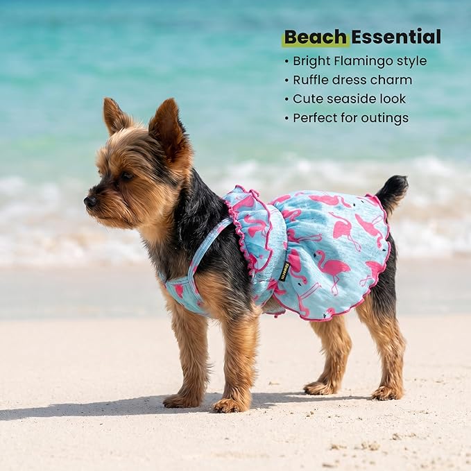 Fitwarm Flamingo Dog Dress - Summer Ruffled Hawaiian Dog Sundress, Girl's Pet Outfit, Blue & Pink, XXS