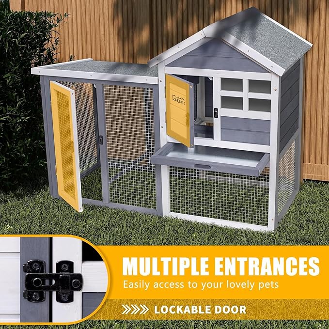 GEGURI Large Rabbit Hutch Indoor Outdoor Chicken Coop Wooden Bunny Cage with Waterproof Roof (48''L x 24''W x 36''H Grey)