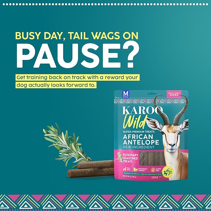 Karoo Wild Sticks Rosemary Seasoned Treats for Dogs – 16 oz – Soft & Chewy Protein Sticks Made with African Antelope – Ideal for Training & Rewarding