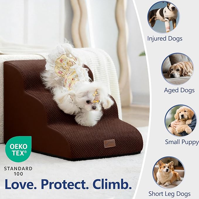 GoGoBunny Ramp Dog Stairs for High Beds 22.6" H, 5-Step Dog Slope Stairs with Durable Waterproof Fabric Cover, Pet Steps for Old Large Dogs Climbing, Non-Slip Sturdy Indoor Step, Brown