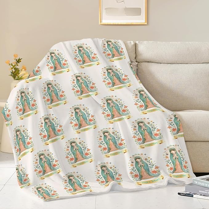Cute Cartoon Virgin Mary Throw Blanket Gifts for Kids Girls Boys Adults Soft Cozy Plush Fluffy Fuzzy Fleece Blanket Decor 50''X60''