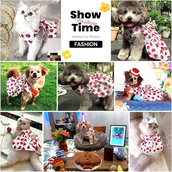 ABRRLO Cute Dog Dress Small Dog Clothes For Girls Female Puppy Outfits Red Strawberry Pet Summer Clothes Bowknot Doggy Cat Princess Dresses Harness for Holiday Birthday Party Costume Clothing (Red,XS)