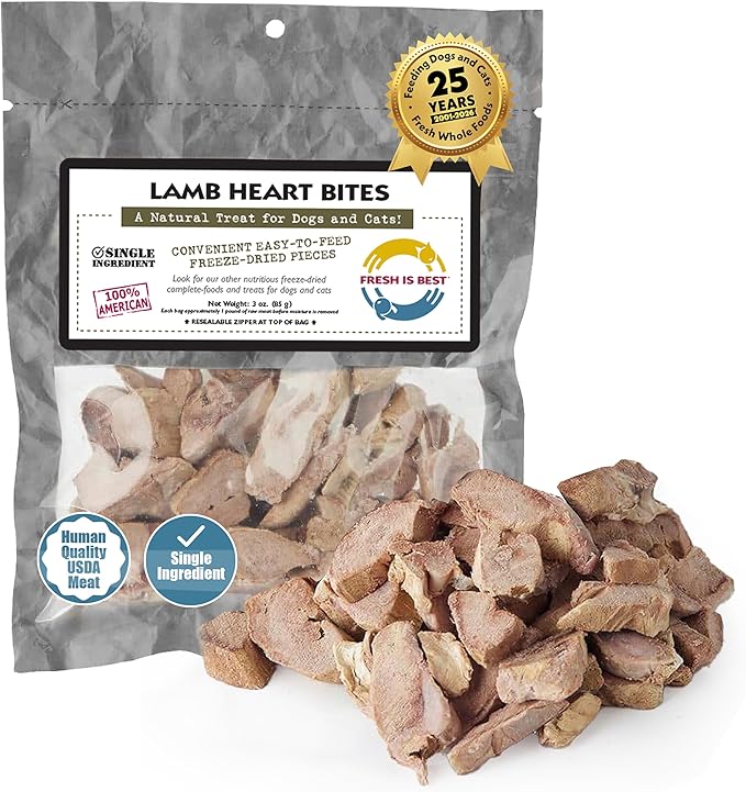 Fresh Is Best Lamb Heart Bites Freeze Dried Dog Treats – Raw Freeze Dried Treats for Dogs & Cats in Resealable Zipper Bag – High-Protein Single Ingredient – Made in The USA