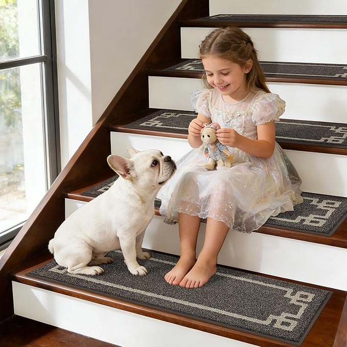 BEQHAUSE Stair Treads for Wooden Steps Non Slip Washable 15Pack Carpet Stair Treads with Reusable Residue Free Backing Soft Polyester Stair Rugs Indoor for Kids Elders and Dogs 9”x28”,Brown
