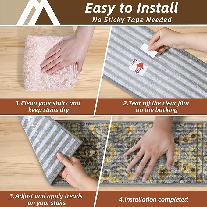 COSY HOMEER-Stair-Treads-for-Wooden-Steps Washable Indoor Carpet Stair Treads Non Slip 8" X 30" Soft Stair Carpet Treads Reusable Peel and Stick Stair Runner Rug for Kids, Elders and Pets 4pcs