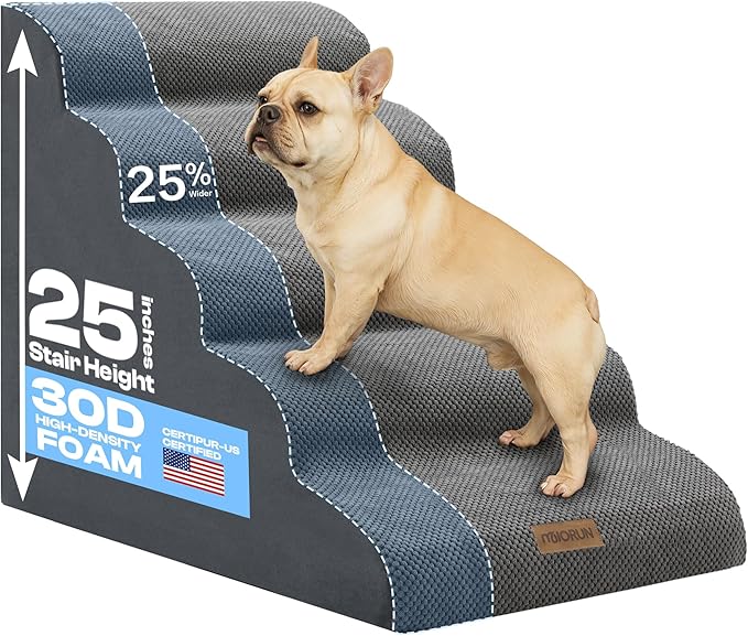 Extra Wide Dog Stairs for Large Dogs Up to 80lbs, 25" Pet Steps for High Bed with Washable Cover, 5-Step Foam Bed & Couch Ladder for Small Medium Dogs & Senior Cat, Gray
