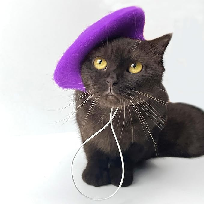 Dog Beret for Small Dogs Cat Doll, Colorful Wool Mini Cap Creative Accessories Costume French Mushroom Artist Fedora Hat Beanies Solid Color Pet Headwear Christmas Hair Accessory Photo Props (Purple)