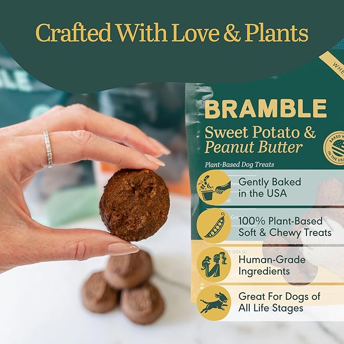 BRAMBLE Organic Dog Treats. Everyday Sweet Potato & Peanut Butter Human Grade Treats, Made with Real Ingredients, Soft & Chewy Dog Cookies. Wheat-Free Plant-Based. 8 oz