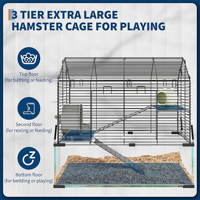 3-Tier Large Hamster Cage, 360° View Metal Guinea Pig Cage with Deep Glass Base, Platforms, Ramps, Running Wheel, Water Bottle, Tool-Free Snap-on Assembly, Rat Cage for Syrian Dwarf Hamster Gerbil