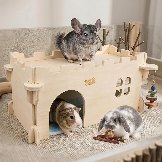 Castle Chinchilla House, Small Animal Hideout for Chinchilla, Guinea Pig, Hedgehog, or Rat, Ventilated Wooden Guinea Pig Hut Habitat with Multiple Doors (Large)