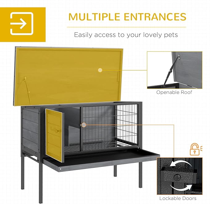 PawHut Rabbit Hutch Elevated Bunny Cage Small Animal Habitat with Metal Frame, No Leak Tray, Metal Wire Pan and Openable Water-Resistant Asphalt Roof for Indoor/Outdoor Gray