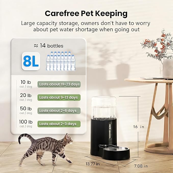 CZPET Dog Water Bowl Dispenser 8L, Wider Mouth & Upgraded Brush for Easy Cleaning Automatic Cat Gravity Refilling Waterer with Removable Stainless Steel Bowl, Large Drinking Area for Multi-Pet (Black)