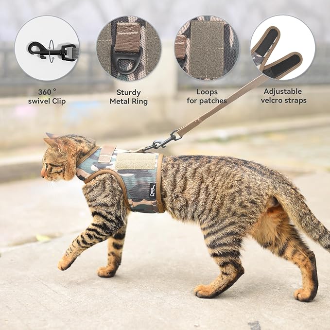 Tactical Cat Harness and Leash for Walking Escape Proof Breathable Mesh Fabric, Green Jungle Camo, Large, Adjustable Cat Walking Jackets, Padded Stylish Cat Vest