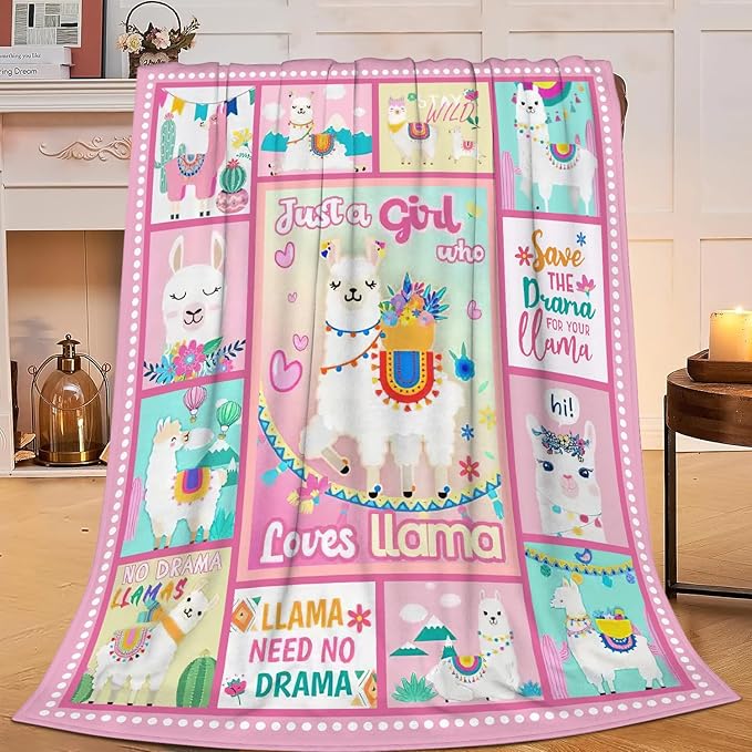 SweetFox Just A Girl Who Loves Llama Blanket, Alpaca Decor Throw Blanket Gifts for Girls Boys Lovers Super Warm Soft Plush Fleece Flannel Winter Bedding Blankets for Kids Adults Men Women 50"X40"