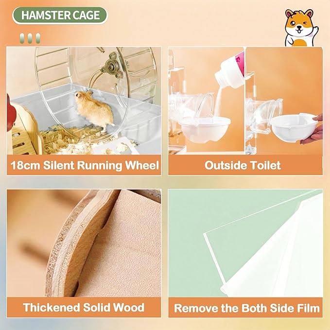 8 in 1 Clear Acrylic Hamster Cage with All Accessories,13.5''L* 10''W* 13''H Dwarf Hamster Cage,Small Hamster Habitat,Garden Style Mouse Cage for Pet Mice,Hamster Enclosure with Stairs(1-Layer,White)
