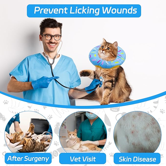 Seyezo Cat Cone Collar Soft, Adjustable Cat Recovery Collar Spay Cones to Stop Licking, Cute Donut E Collar After Surgery, Anti-Lick Wound Healing Elizabethan Collars for Kittens(Donut Blue, Small)