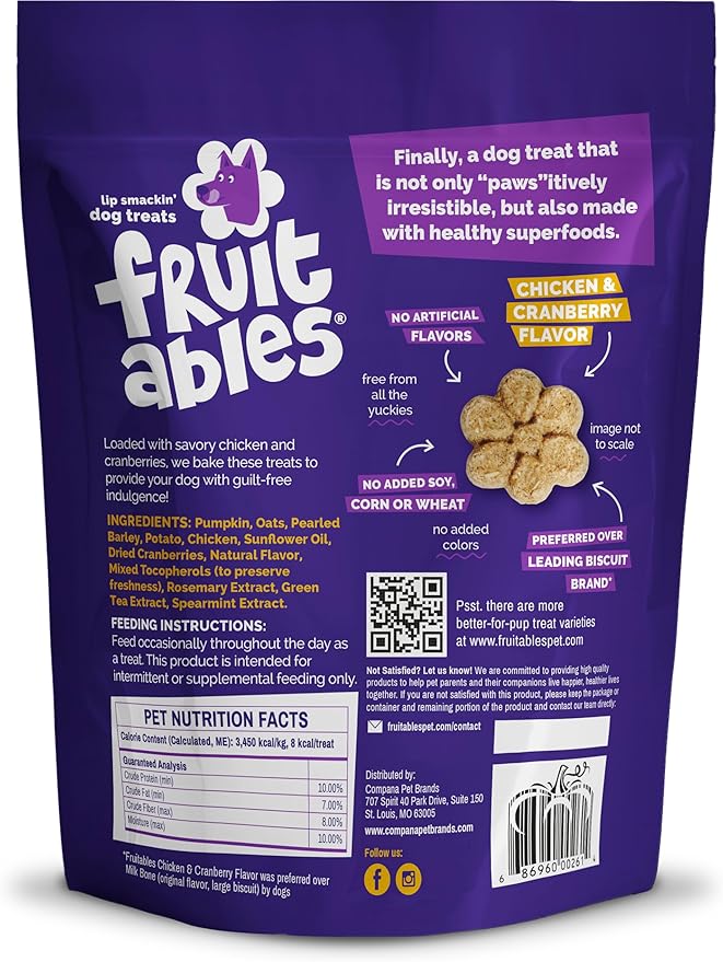 Fruitables Baked Dog Treats, Healthy Pumpkin Treat for Dogs, Low Calorie & Delicious, Made Without Wheat, Corn and Soy, Made in The USA, Allergy Friendly, Chicken and Cranberry Flavor, 20 oz