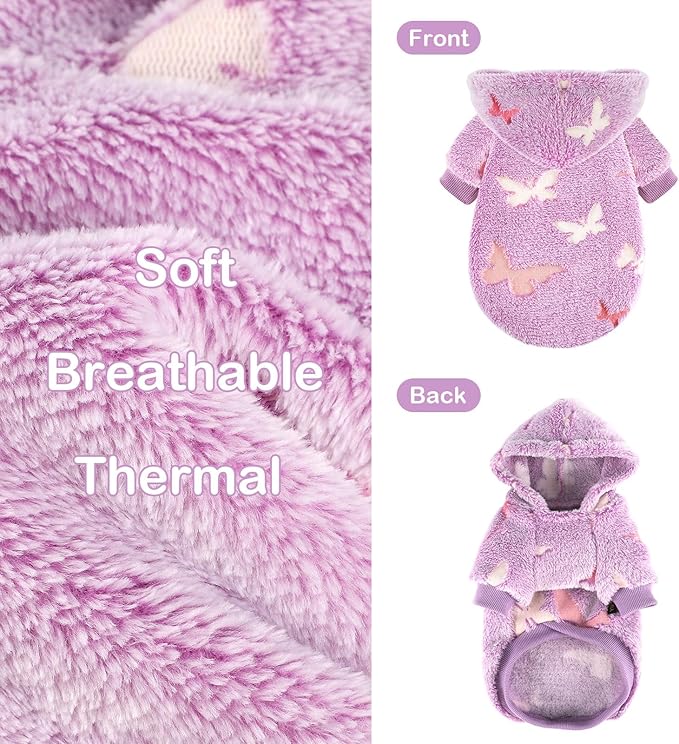 Dog Sweater for Small Dogs Girl Boy, Fleece Dog Hoodie Clothes, Night Glow Puppy Sweater, Soft Warm Extra Small Doggie Sweatshirt, Fall Winter Doggy Clothes Pet Outfits for Chihuahua Yorkie, Purple,S