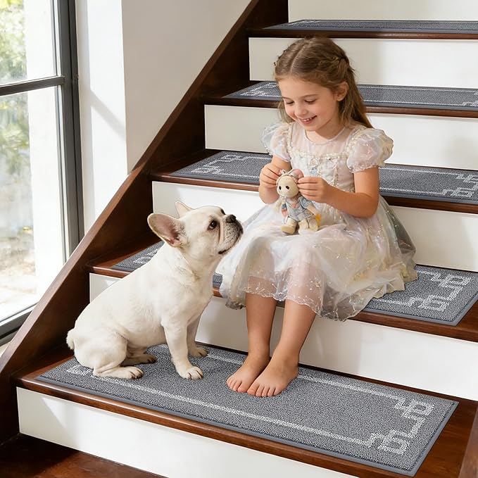 BEQHAUSE Stair Treads for Wooden Steps Indoor Non Slip Carpet Stair Tread Washable Reusable Stair Runner Polyester Soft for Dogs,Elders and Kids,28inX9in,15pcs,Grey