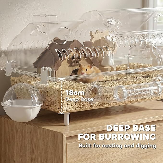 PawHut 8 in 1 PET Hamster Cage, Dwarf Hamster Cage with Large Wheel & Hideout, Small Animal Habitat with Accessories, Clear Pet House, 21.5" x 11.8" x 12.6"