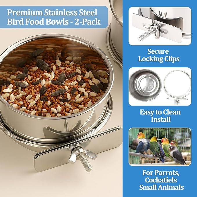 2 Pack Stainless Steel Bird Food Bowl Small Bird Feeding Dish Cups for Cage Parrot Food Bowl Cage with Clamp Holder for Parrots, Cockatiels, Small Animals (M+L)
