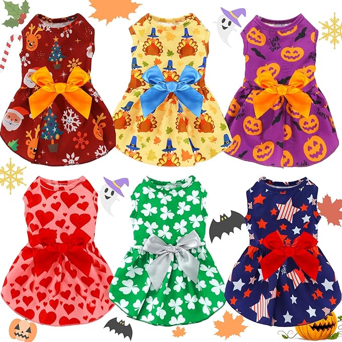 Frienda 6 Pack Valentines Day Dog Costume St. Patrick's Independence Day Christmas Halloween Thanksgiving Dress Bow Puppy Pack Girl Cat Birthday American Flag Dog(M (5-7lbs))