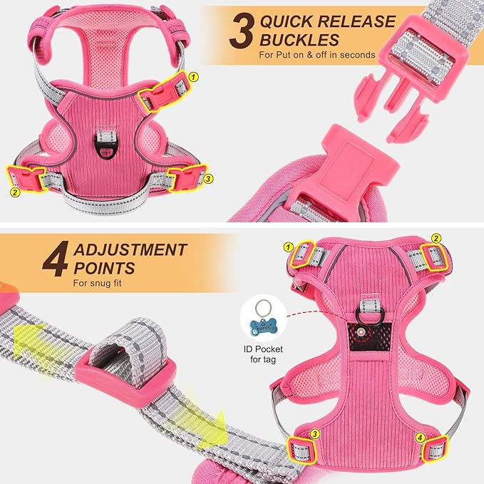 BEAUTYZOO No Pull Dog Harness Large, Adjustable Dog Harness and Leash Set -Easy Wearing with 3 Buckles/Control Handle,No Choke Soft Padded Reflective Pet Vest for Training Walking Hiking,Rose XL